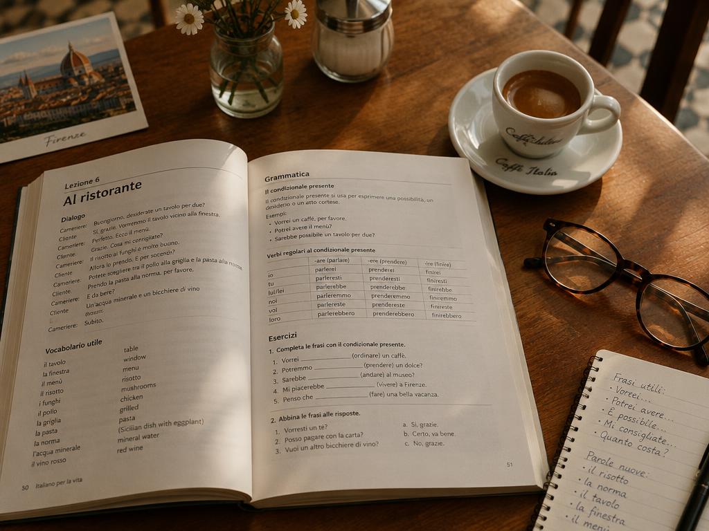 Italian textbook and espresso on a café table