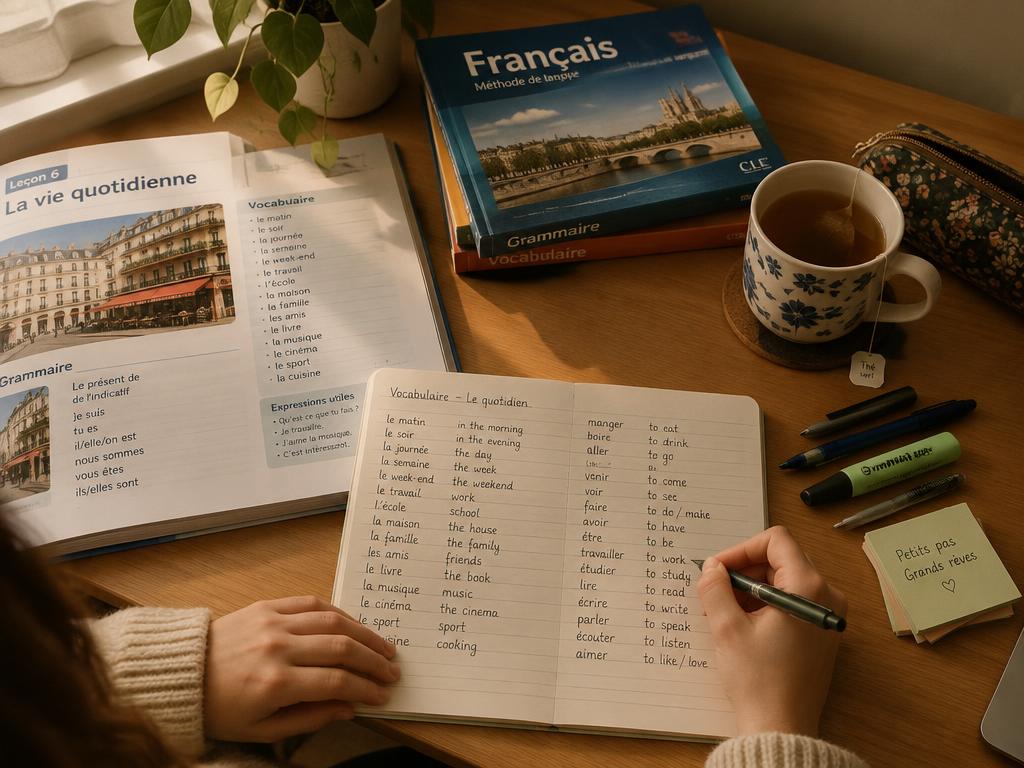 Student writing French vocabulary at a desk